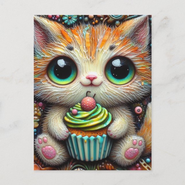 Adorable Kitty With a Cupcake Postcard (Front)