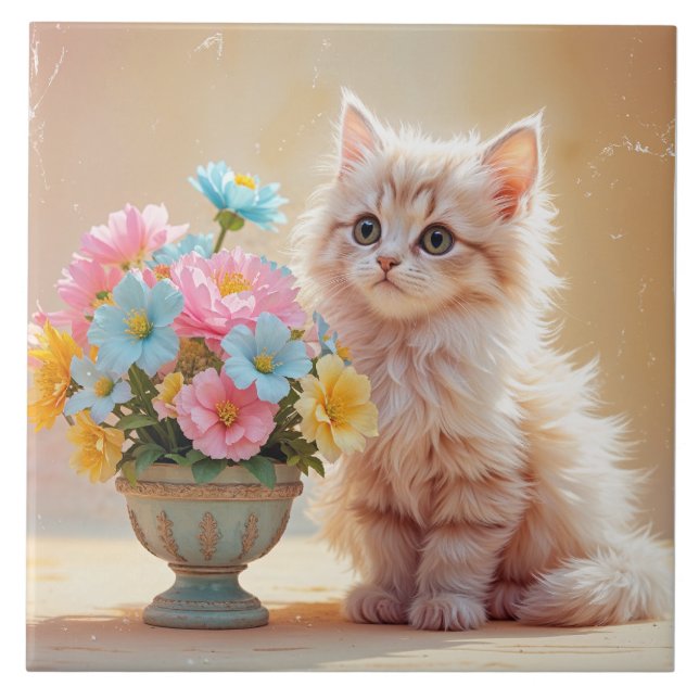 Adorable Kitty with Bouquet of Flowers Ceramic Tile (Front)