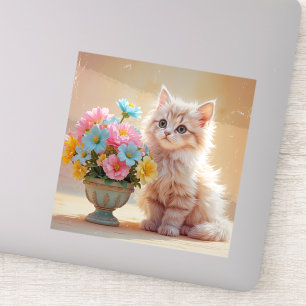 Adorable Kitty with Bouquet of Flowers Sticker