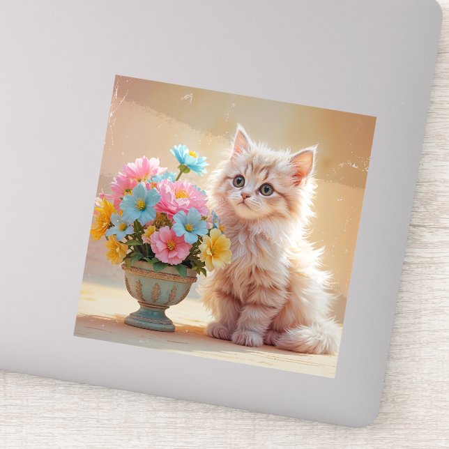 Adorable Kitty with Bouquet of Flowers Sticker (Detail)