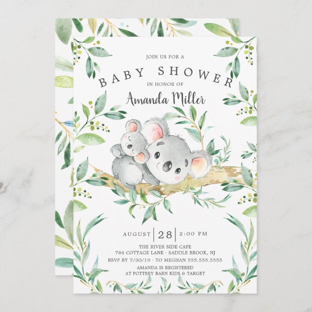 Adorable Koala Bear Baby Shower Invitation (Front/Back)