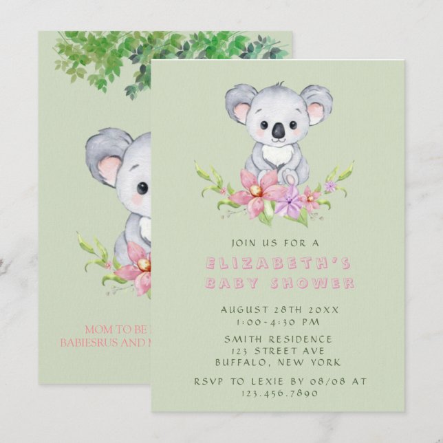 Adorable Koala Bear Girl Baby Shower Invitation (Front/Back)