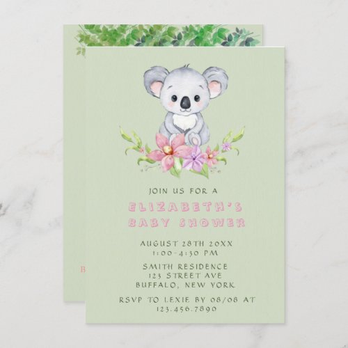 Adorable Koala Bear Girl Baby Shower Invitation