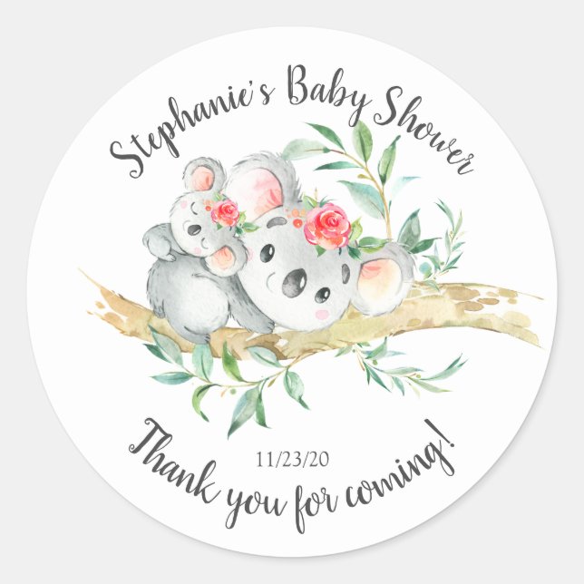 Adorable Koala Bear Girls Baby Shower Favor Classic Round Sticker (Front)