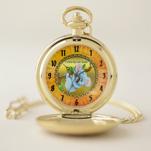 Adorable koala bear hanging on a tree branch pocket watch