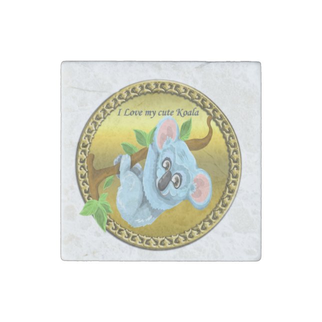 Adorable koala bear hanging on a tree branch stone magnet (Front)
