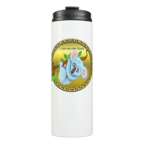 Adorable koala bear hanging on a tree branch thermal tumbler