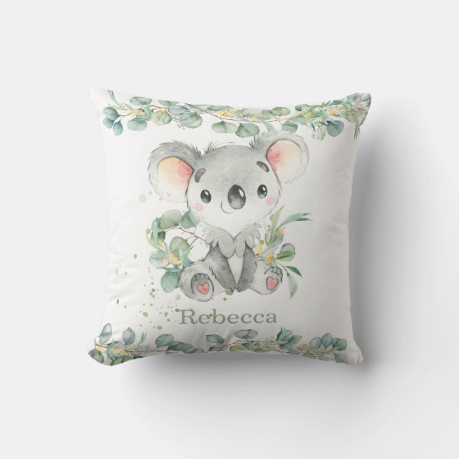 Adorable Koala Eucalyptus Leafy Girl Boy Nursery Throw Pillow (Front)