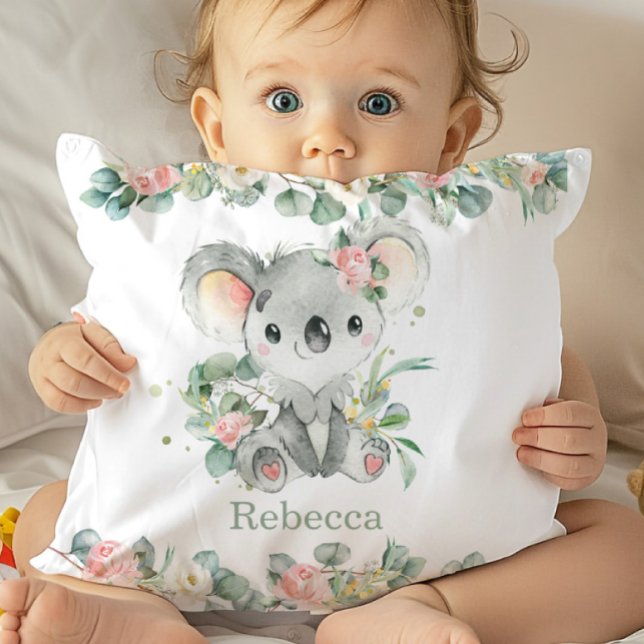 Adorable Koala Pink Floral Eucalyptus Girl Nursery Throw Pillow (Creator Uploaded)