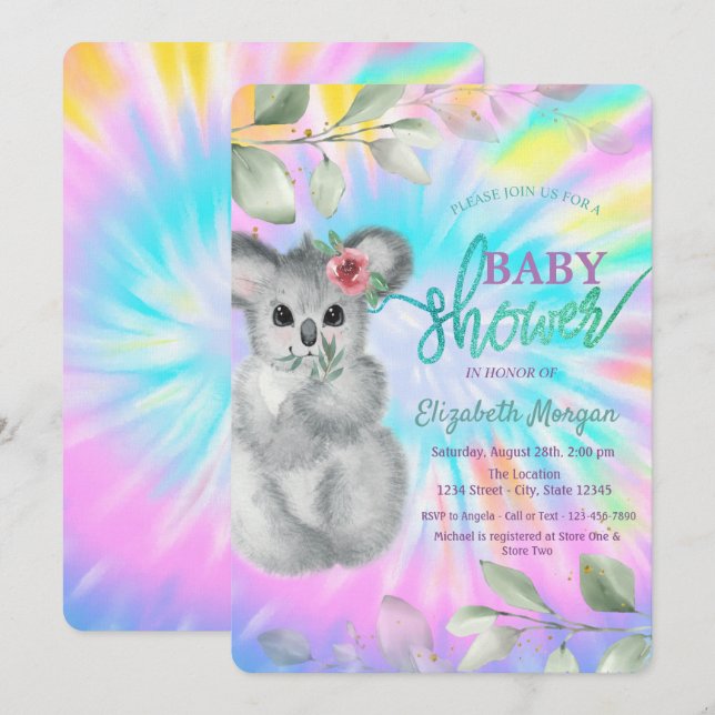Adorable Koala Tie Dye Baby Shower Invitation (Front/Back)