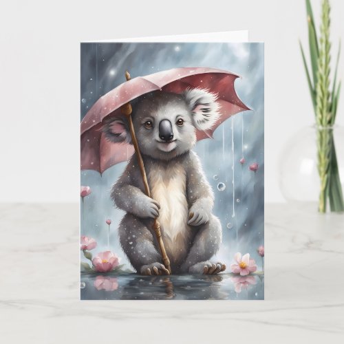 Adorable Koala Umbrella Flowers Illustration Blank Card