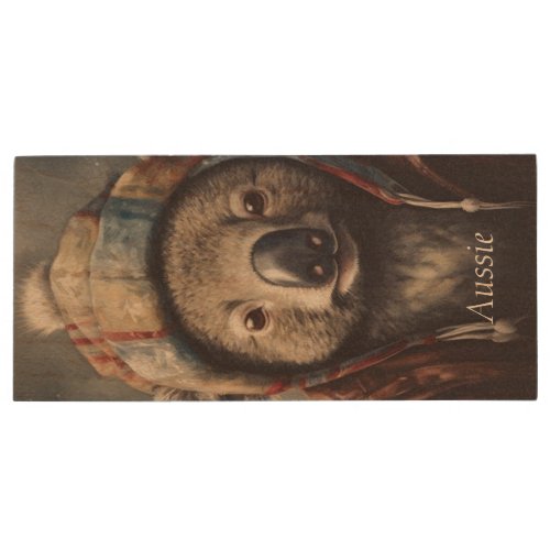 Adorable koala wearing cute hat cusomizable  wood flash drive