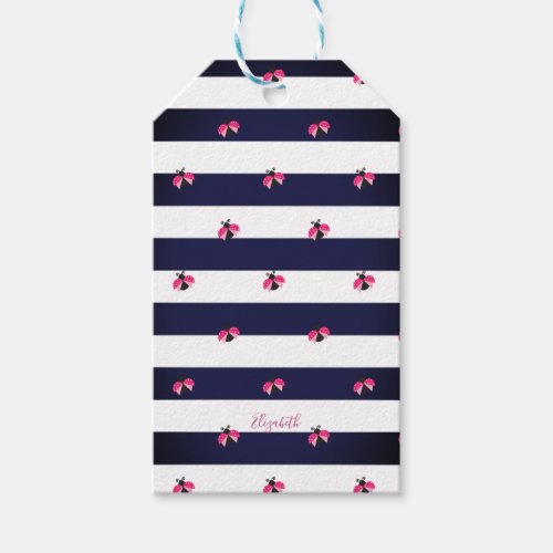 Adorable Ladybird Navy Blue Stripes Gift Tags
