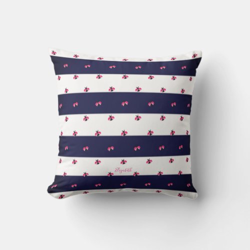 Adorable Ladybird Navy Blue Stripes Throw Pillow