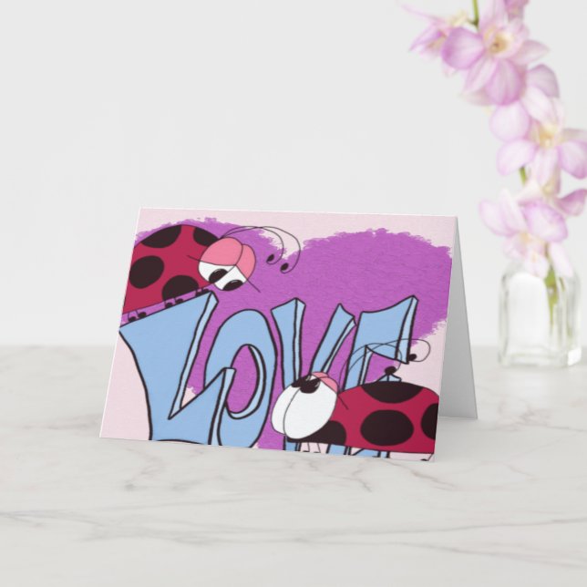 Adorable Ladybug Love Cartoon Card (Orchid)