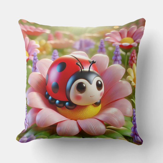 🐞🌸 Adorable Ladybug Pink Flower Garden Cozy Throw Pillow (Front)