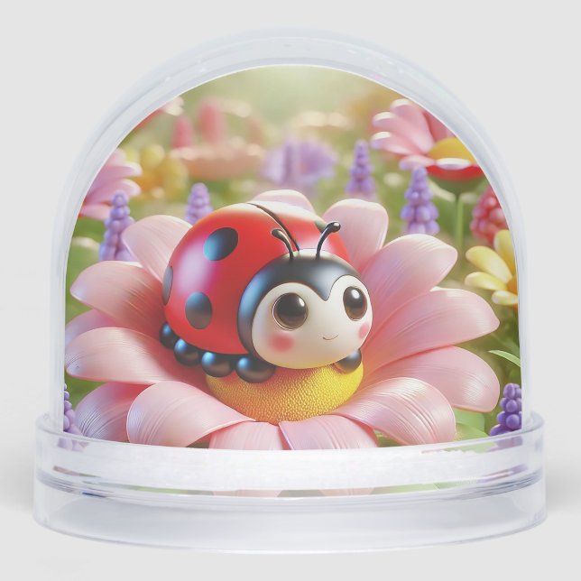 Adorable Ladybug Sitting on Pink Flower Snow Globe (Front)