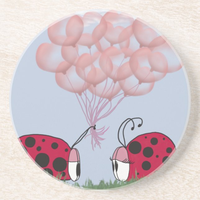 Adorable Ladybug With Pretty Pink Balloon Bouquet Drink Coaster (Front)