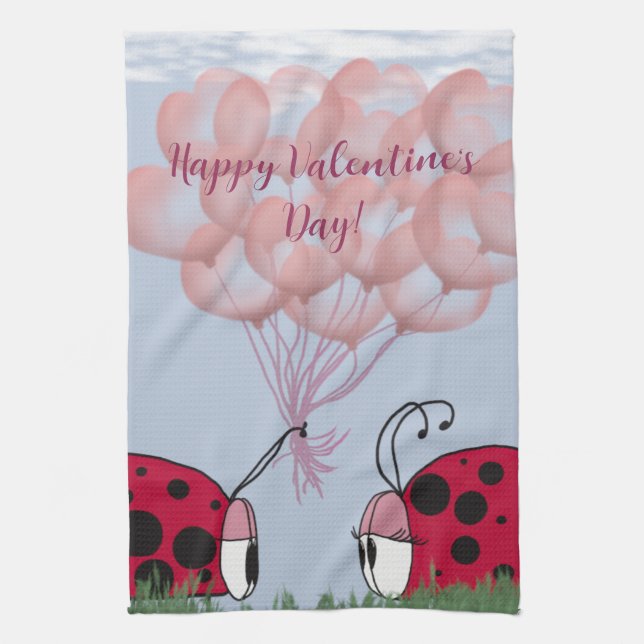 Adorable Ladybug With Pretty Pink Balloon Bouquet Kitchen Towel (Vertical)