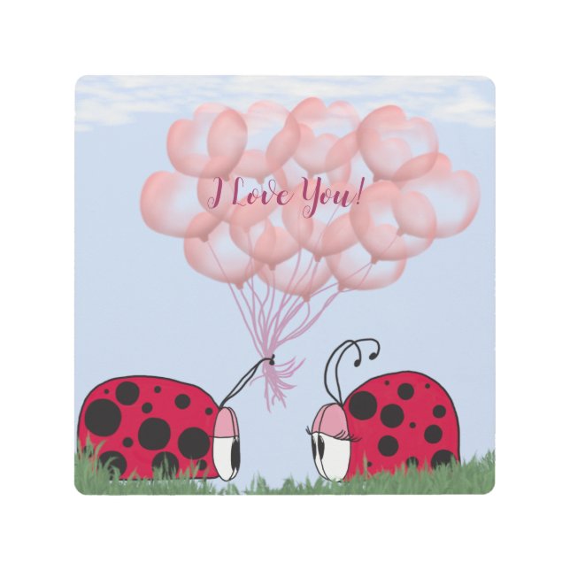 Adorable Ladybug With Pretty Pink Balloon Bouquet Metal Print (Front)