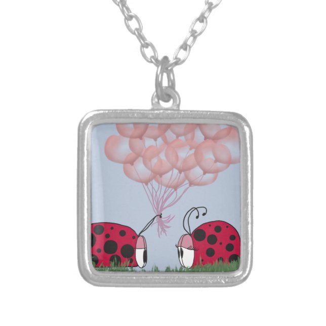Adorable Ladybug With Pretty Pink Balloon Bouquet Silver Plated Necklace (Front)