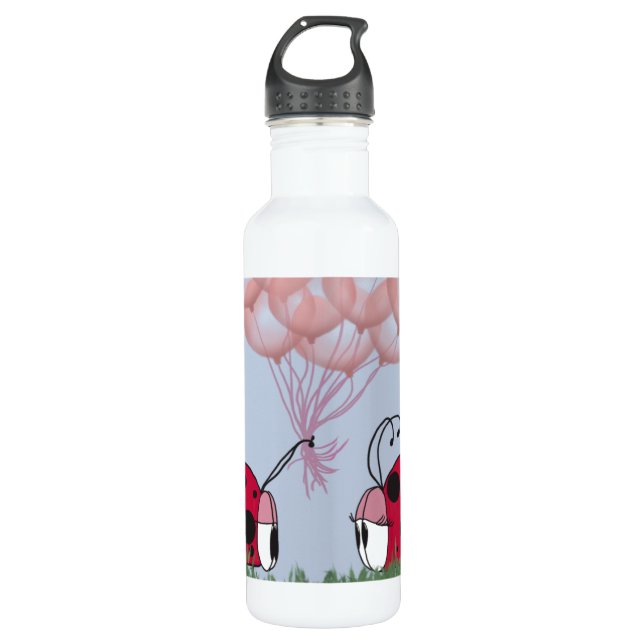 Adorable Ladybug With Pretty Pink Balloon Bouquet Water Bottle (Front)