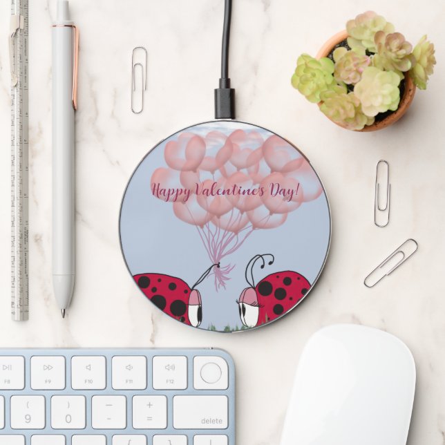 Adorable Ladybug With Pretty Pink Balloon Bouquet Wireless Charger (Desk)