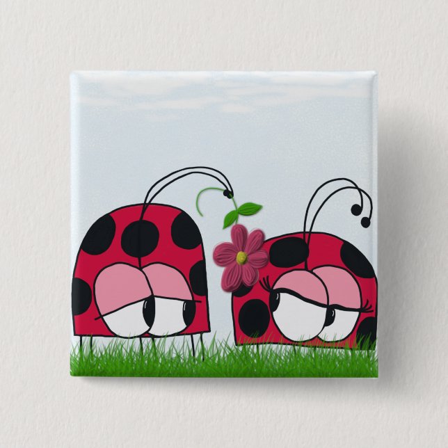 Adorable Ladybug Wooing His New Love Cartoon Pinback Button (Front)
