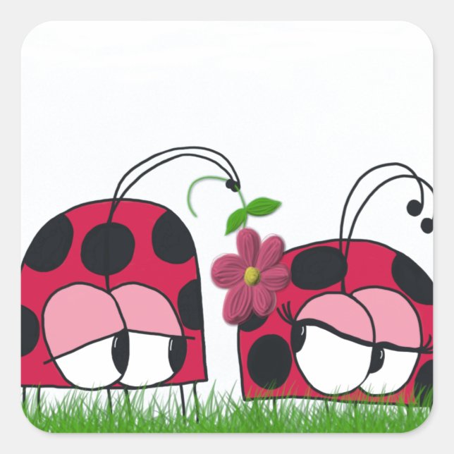 Adorable Ladybug Wooing His New Love Cartoon Square Sticker (Front)