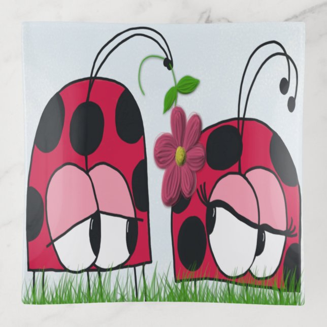 Adorable Ladybug Wooing His New Love Cartoon Trinket Tray (Front)