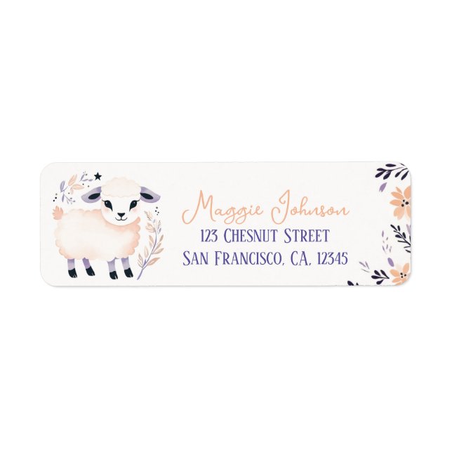 Adorable Lamb Boho Peach Lavender Floral Design -  Label (Front)