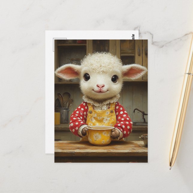 Adorable Lamb in the Kitchen Postcard (Front/Back In Situ)