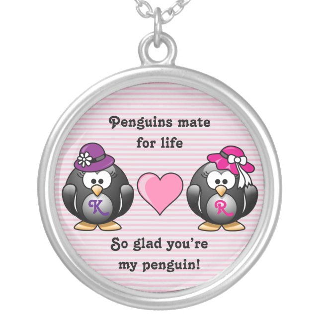 Adorable Lesbian Penguins Two Brides Heart Hat Silver Plated Necklace (Front)