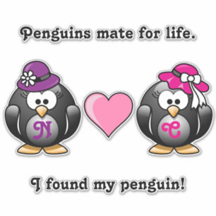 Adorable Lesbian Penguins Two Brides Heart Hats Sticker