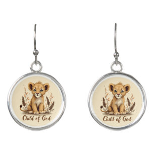 Adorable Lion Cub Christian Art Faith Quote Earrings