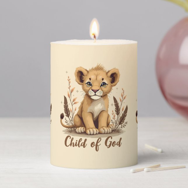 Adorable Lion Cub Christian Art Faith Quote Pillar Candle (In Situ)