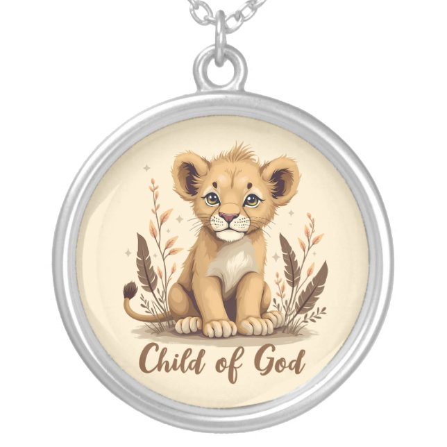 Adorable Lion Cub Christian Art Faith Quote Silver Plated Necklace (Front)