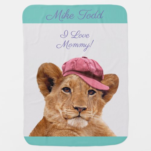 Adorable Lion Cub Wearing a Hat Personalize Name Baby Blanket