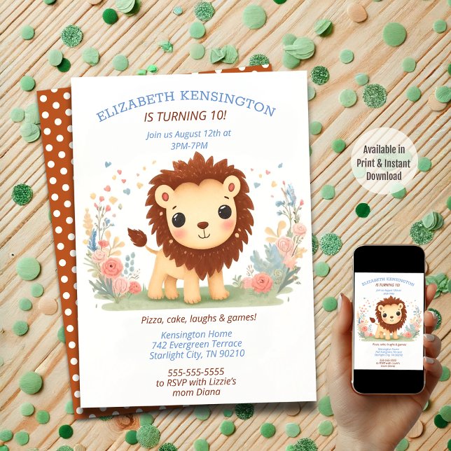 Adorable Lion Themed Birthday Party for Kids Invitation (Available in Print and Instant Download)