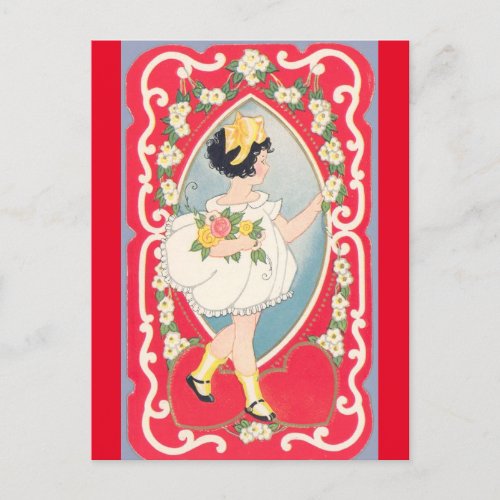 Adorable Litle Girl with Bouquet Vintage Valentine Postcard