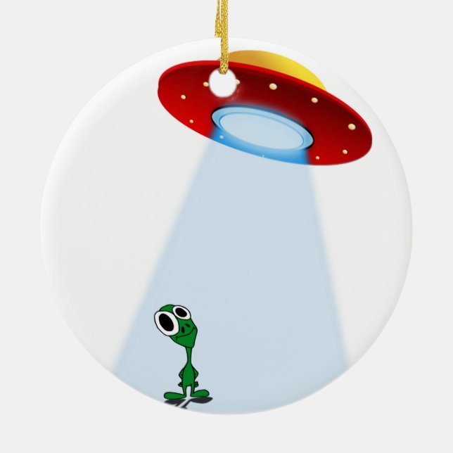 Adorable Little Alien & Flying Saucer Ceramic Ornament (Back)