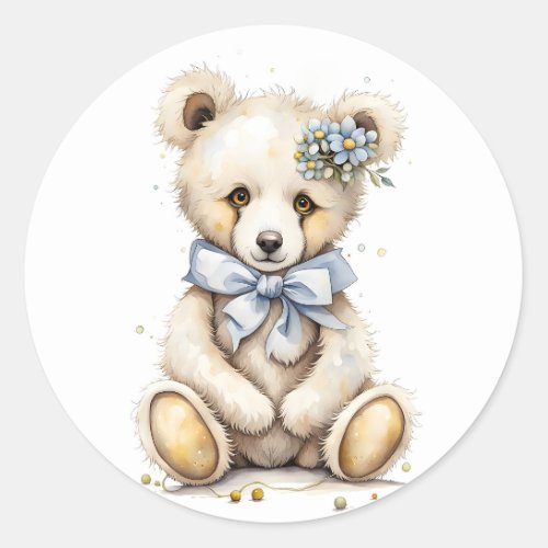 Adorable Little Bear Blue Bow Ribbon Flowers  Classic Round Sticker