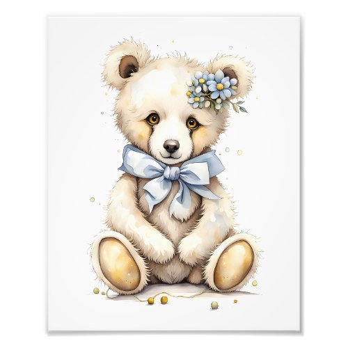 Adorable Little Bear Blue Bow Ribbon Flowers  Photo Print