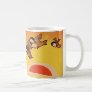 adorable little birds greet the morning coffee mug