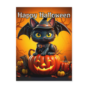 Adorable Little Black Kitty Cat | Happy Halloween Postcard