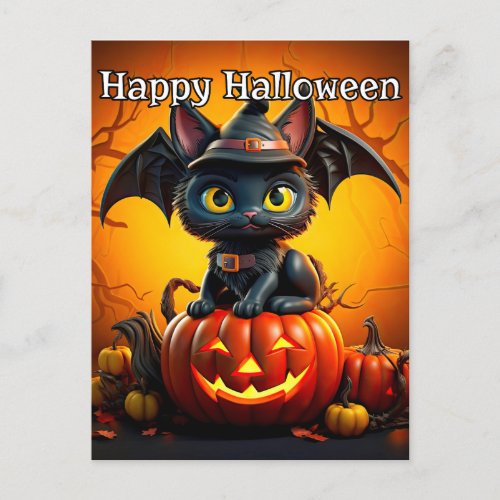 Adorable Little Black Kitty Cat  Happy Halloween Postcard