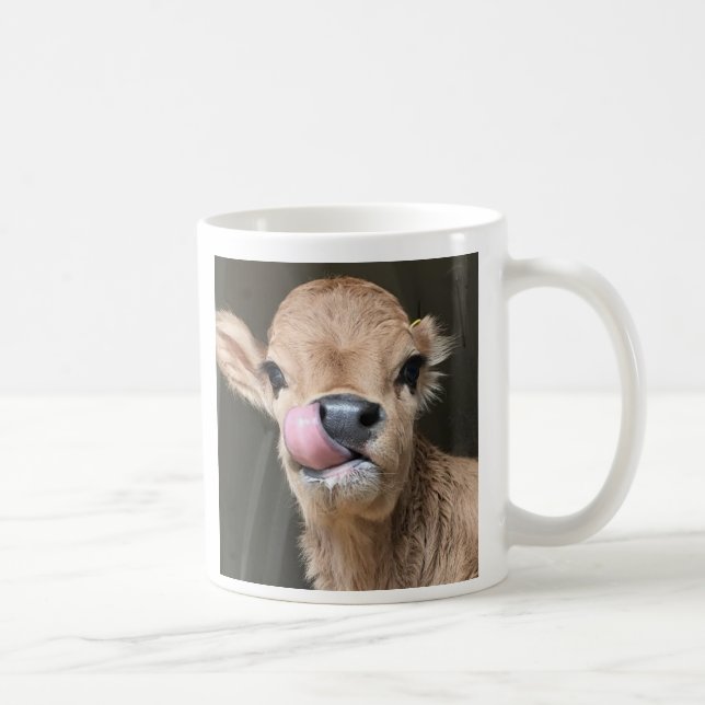 Adorable little calf Tiny Tinker on a mug (Right)