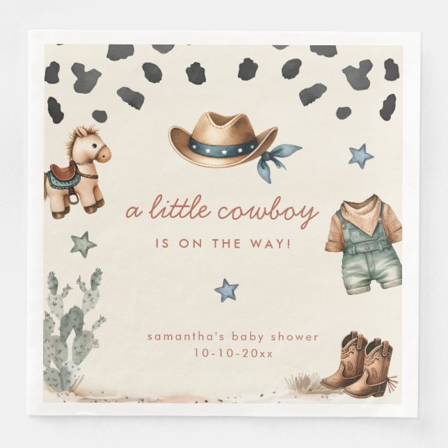 Adorable Little Cowboy is on way boy baby shower Paper Dinner Napkins (Front)