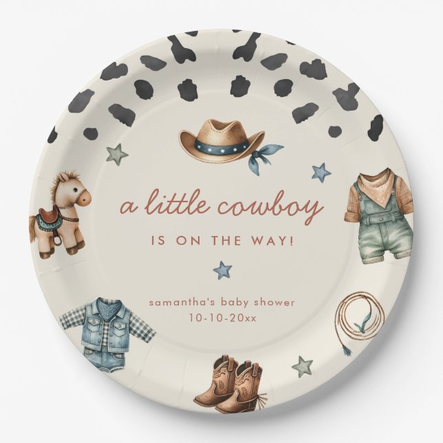 Adorable Little Cowboy is on way boy baby shower Paper Plates (Front)