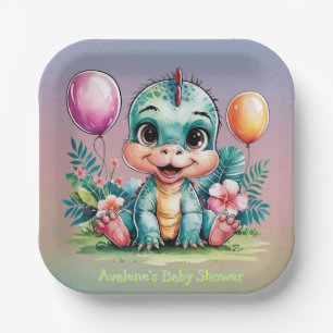 Adorable Little Dinosaur Baby Shower Paper Plates